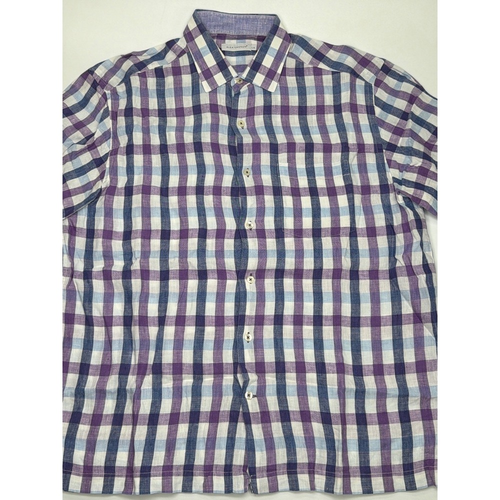 Alex‎ Cannon Mens Large 100% Linen Short Sleeve Button Down Shirt Purple Blue